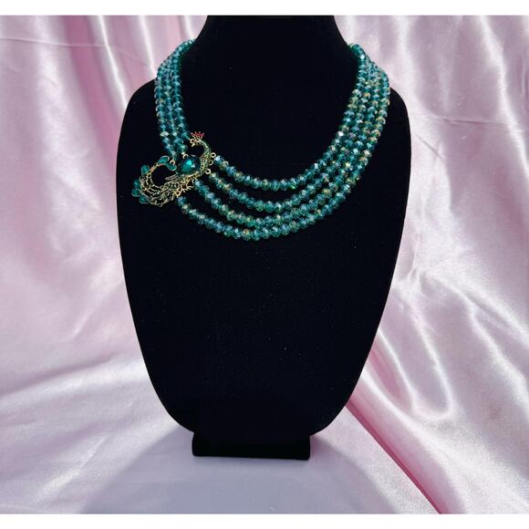 Peacock Statement Necklace | Vintage | Multi-Strand Glass Beaded Necklace - Picture 1 of 2